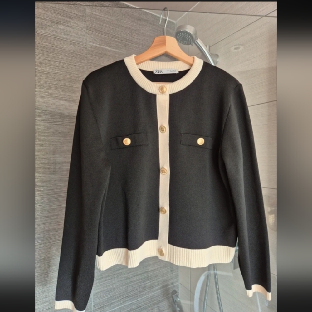 Black and Cream Cardigan with Gold Buttons